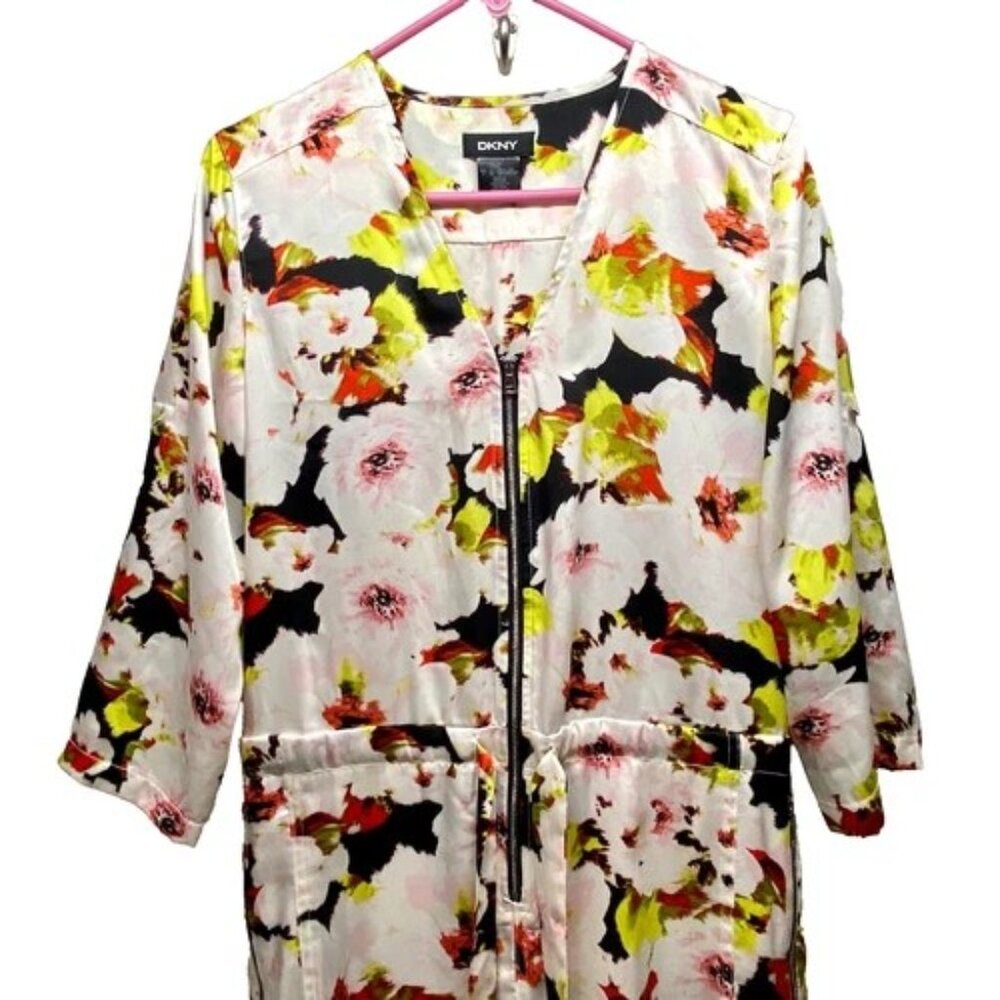DKNY Jumpsuit Women’s 2 Colorful Floral V-Neck Zip Front Pockets Tie Waist EUC